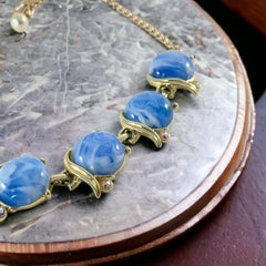 Vintage Light Blue Marbled Plastic Cabochon Links Necklace