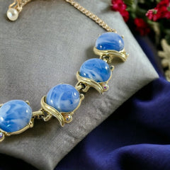 Vintage Light Blue Marbled Plastic Cabochon Links Necklace