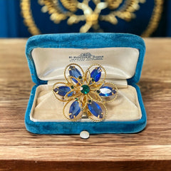 Vintage Blue &amp; Emerald Rhinestones Gold Tone Floral Brooch