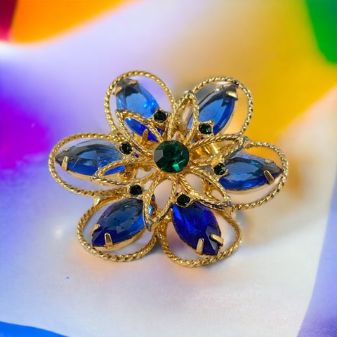 Vintage Blue &amp; Emerald Rhinestones Gold Tone Floral Brooch