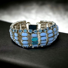 Vintage 1950s Blue Opaque Glass & Light Sapphire Rhinestone Link Bracelet