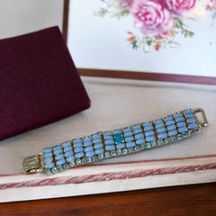 Vintage 1950s Blue Opaque Glass & Light Sapphire Rhinestone Link Bracelet