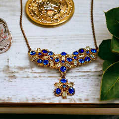 Vintage Sparkling Blue & Clear Rhinestone Lavaliere Pendant Necklace