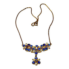 Vintage Sparkling Blue & Clear Rhinestone Lavaliere Pendant Necklace