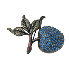 Vintage Blue Rhinestones &amp; Gunmetal Apple Brooch, 1990s-2000s