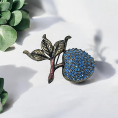 Vintage Blue Rhinestones &amp; Gunmetal Apple Brooch, 1990s-2000s