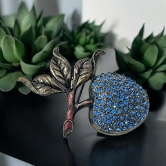 Vintage Blue Rhinestones &amp; Gunmetal Apple Brooch, 1990s-2000s