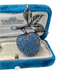 Vintage Blue Rhinestones &amp; Gunmetal Apple Brooch, 1990s-2000s