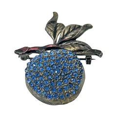 Vintage Blue Rhinestones &amp; Gunmetal Apple Brooch, 1990s-2000s