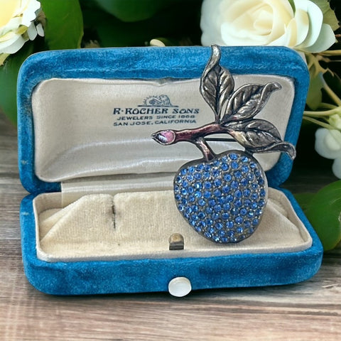 Vintage Blue Rhinestones &amp; Gunmetal Apple Brooch, 1990s-2000s