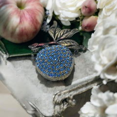 Vintage Blue Rhinestones &amp; Gunmetal Apple Brooch, 1990s-2000s