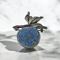 Vintage Blue Rhinestones &amp; Gunmetal Apple Brooch, 1990s-2000s