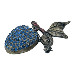 Vintage Blue Rhinestones &amp; Gunmetal Apple Brooch, 1990s-2000s