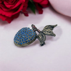 Vintage Blue Rhinestones &amp; Gunmetal Apple Brooch, 1990s-2000s