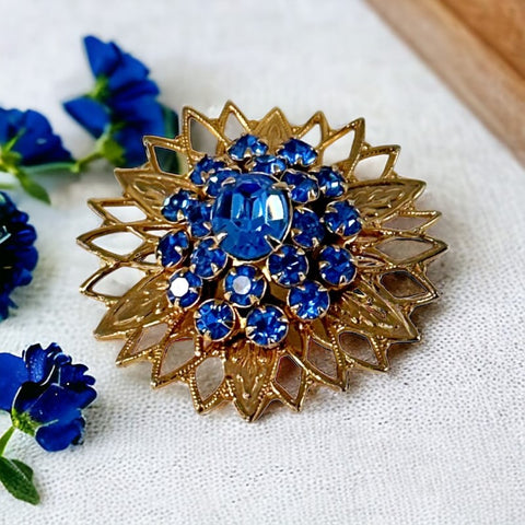 Vintage Sparkling Blue Rhinestones Filigree Floral Brooch