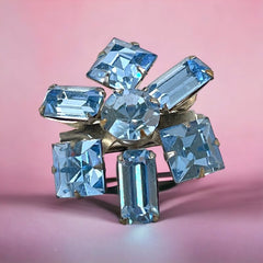 Vintage Sapphire Blue Rhinestones Starburst Small Brooch