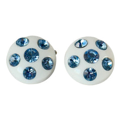 Vintage Blue Rhinestones &amp; White Plastic Round Clip-on Earrings