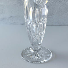 Vintage Bohemia Czech Republic lead crystal vase with diamond and starburst cuts, pedestal base, and original stickers.