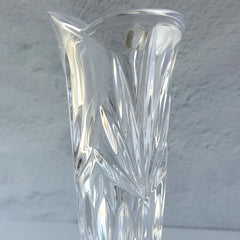 Vintage Bohemia Czech Republic lead crystal vase with diamond and starburst cuts, pedestal base, and original stickers.