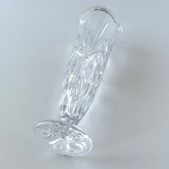 Vintage Bohemia Czech Republic lead crystal vase with diamond and starburst cuts, pedestal base, and original stickers.