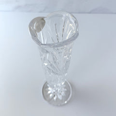 Vintage Bohemia Czech Republic lead crystal vase with diamond and starburst cuts, pedestal base, and original stickers.