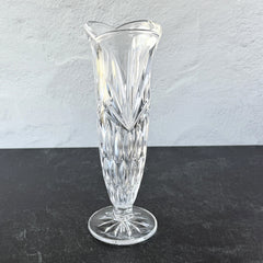 Vintage Bohemia Czech Republic lead crystal vase with diamond and starburst cuts, pedestal base, and original stickers.