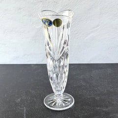 Vintage Bohemia Czech Republic lead crystal vase with diamond and starburst cuts, pedestal base, and original stickers.