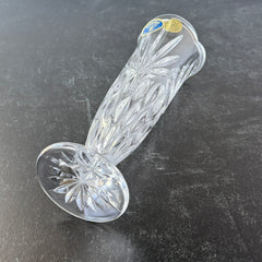 Vintage Bohemia Czech Republic lead crystal vase with diamond and starburst cuts, pedestal base, and original stickers.