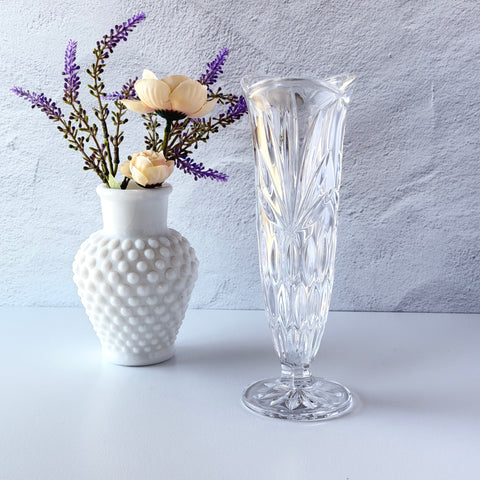 Vintage Bohemia Czech Republic lead crystal vase with diamond and starburst cuts, pedestal base, and original stickers.