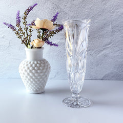 Vintage Bohemia Czech Republic lead crystal vase with diamond and starburst cuts, pedestal base, and original stickers.
