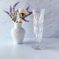 Vintage Bohemia Czech Republic lead crystal vase with diamond and starburst cuts, pedestal base, and original stickers.