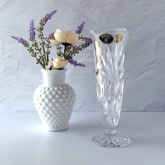 Vintage Bohemia Czech Republic lead crystal vase with diamond and starburst cuts, pedestal base, and original stickers.