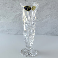Vintage Bohemia Czech Republic lead crystal vase with diamond and starburst cuts, pedestal base, and original stickers.