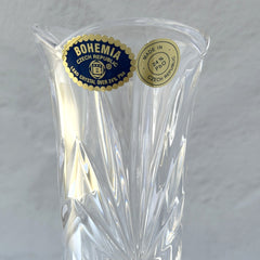 Vintage Bohemia Czech Republic lead crystal vase with diamond and starburst cuts, pedestal base, and original stickers.