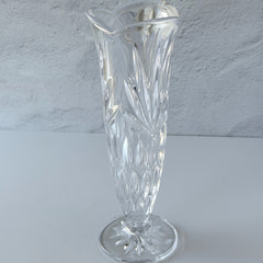 Vintage Bohemia Czech Republic lead crystal vase with diamond and starburst cuts, pedestal base, and original stickers.