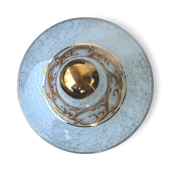Vintage Bohemia Slavia Glassworks marbled glass lidded candy dish with raised gold scrollwork, gold trim, and spherical knob, shown from multiple angles to highlight decorative details and condition.