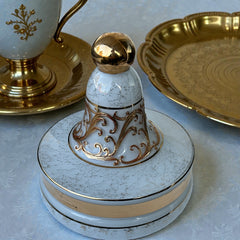 Vintage Bohemia Slavia Glassworks marbled glass lidded candy dish with raised gold scrollwork, gold trim, and spherical knob, shown from multiple angles to highlight decorative details and condition.