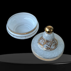 Vintage Bohemia Slavia Glassworks marbled glass lidded candy dish with raised gold scrollwork, gold trim, and spherical knob, shown from multiple angles to highlight decorative details and condition.