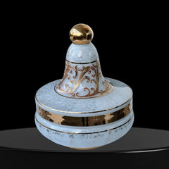 Vintage Bohemia Slavia Glassworks marbled glass lidded candy dish with raised gold scrollwork, gold trim, and spherical knob, shown from multiple angles to highlight decorative details and condition.