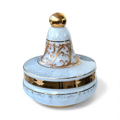 Vintage Bohemia Slavia Glassworks marbled glass lidded candy dish with raised gold scrollwork, gold trim, and spherical knob, shown from multiple angles to highlight decorative details and condition.