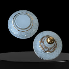 Vintage Bohemia Slavia Glassworks marbled glass lidded candy dish with raised gold scrollwork, gold trim, and spherical knob, shown from multiple angles to highlight decorative details and condition.