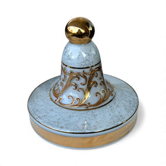 Vintage Bohemia Slavia Glassworks marbled glass lidded candy dish with raised gold scrollwork, gold trim, and spherical knob, shown from multiple angles to highlight decorative details and condition.