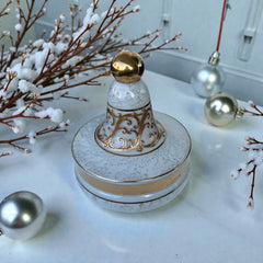 Vintage Bohemia Slavia Glassworks marbled glass lidded candy dish with raised gold scrollwork, gold trim, and spherical knob, shown from multiple angles to highlight decorative details and condition.