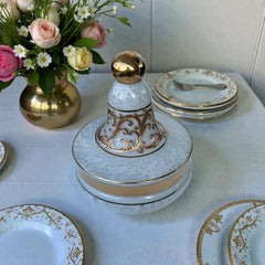 Vintage Bohemia Slavia Glassworks marbled glass lidded candy dish with raised gold scrollwork, gold trim, and spherical knob, shown from multiple angles to highlight decorative details and condition.