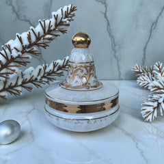 Vintage Bohemia Slavia Glassworks marbled glass lidded candy dish with raised gold scrollwork, gold trim, and spherical knob, shown from multiple angles to highlight decorative details and condition.