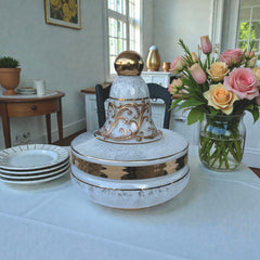 Vintage Bohemia Slavia Glassworks marbled glass lidded candy dish with raised gold scrollwork, gold trim, and spherical knob, shown from multiple angles to highlight decorative details and condition.