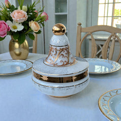 Vintage Bohemia Slavia Glassworks marbled glass lidded candy dish with raised gold scrollwork, gold trim, and spherical knob, shown from multiple angles to highlight decorative details and condition.