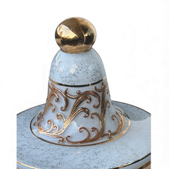 Vintage Bohemia Slavia Glassworks marbled glass lidded candy dish with raised gold scrollwork, gold trim, and spherical knob, shown from multiple angles to highlight decorative details and condition.
