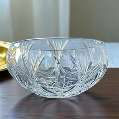  Vintage Bohemian Jihlava cut crystal bowl from the Winter collection, wheat sheaf motif, 1980s Czech glass, 8½" wide centerpiece in very good condition, eco‑conscious sustainable tableware for holiday hosting or gifting.