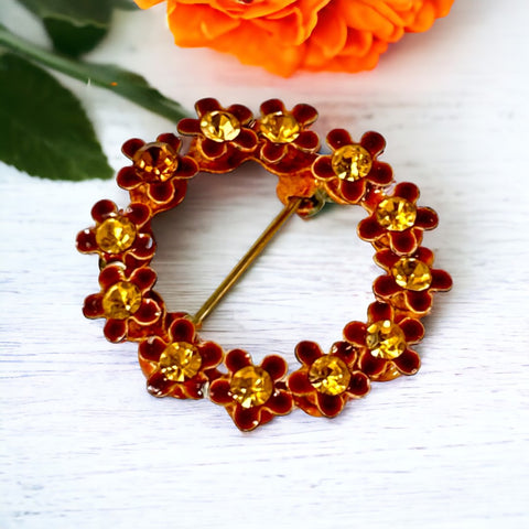 Vintage Brown Enamel & Yellow Topaz Rhinestones Floral Wreath Brooch